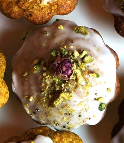 Saffron Pistachio Tea Cakes with Rosewater Icing