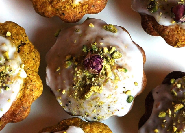 Saffron Pistachio Tea Cakes with Rosewater Icing