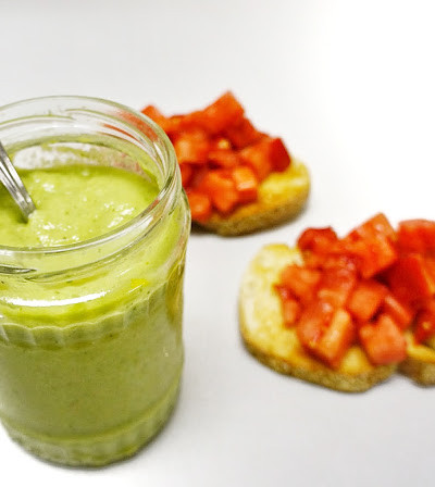 Tomatillo Gazpacho with Salted Tomato Bruschetta